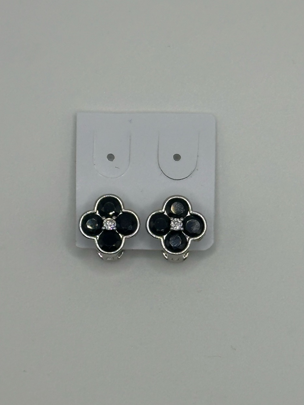 White Gold Filled Onyx Clover Huggie Earrings with Clear CZ Center